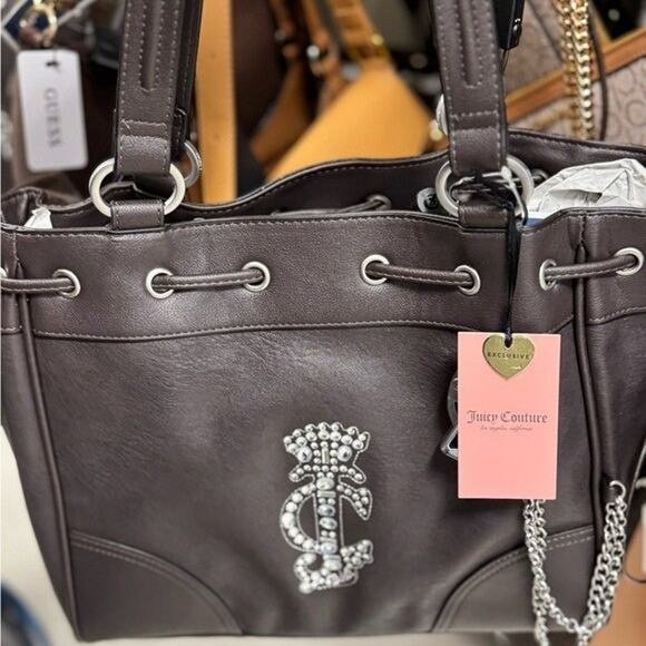 Juicy Couture Chocolate Brown Tote Bag Crystal Crown Logo Bling Shoulder Purse - Picture 2 of 5